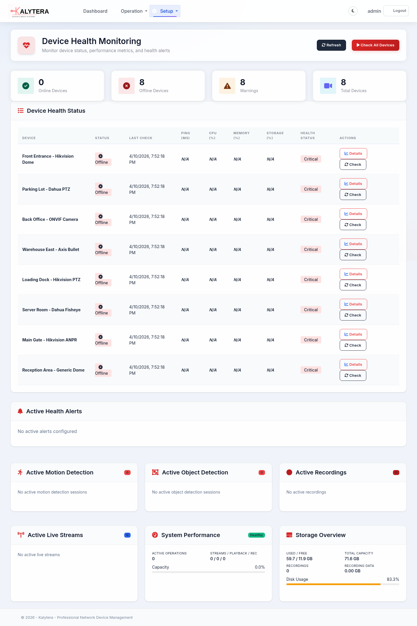 Kalytera AI Video Analytics — device health monitoring and detection